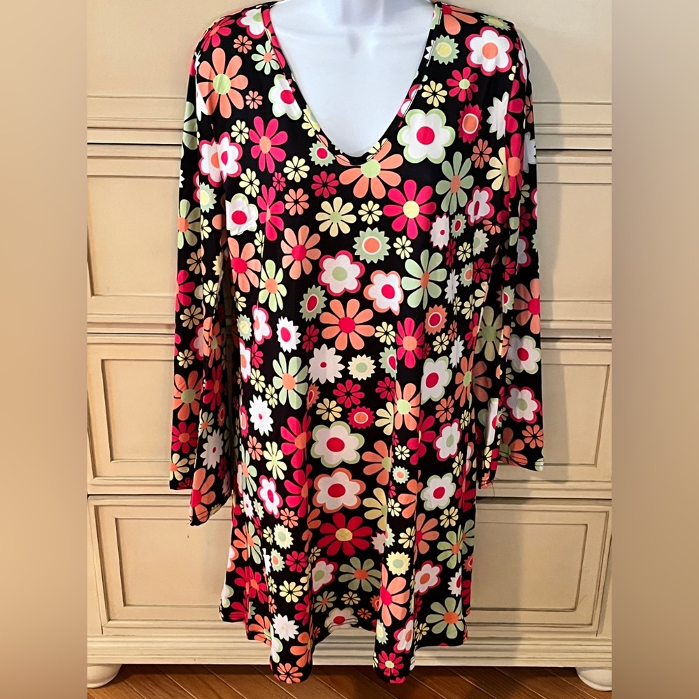 EUC Groovy Floral V-Neck Women's 60’s costume Dress L + rose granny glasses